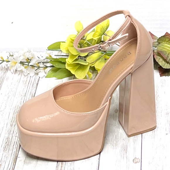 New Nude Mary Jane Platform Chunky Heel Pumps - Picture 5 of 7